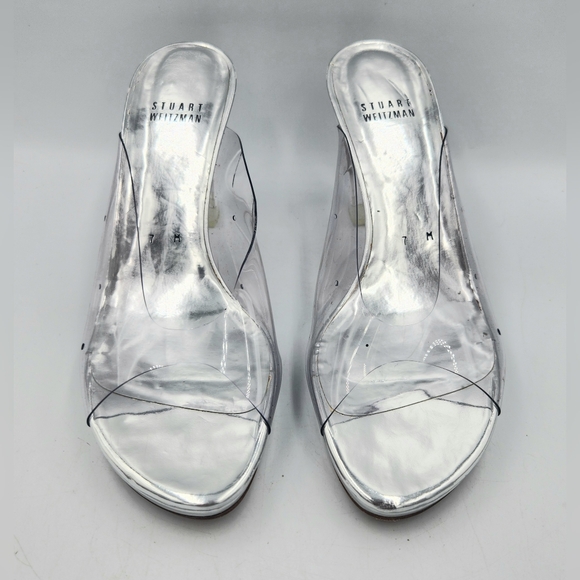 Stuart Weitzman Kristal Clear Lucite PVC Silver Mule Heels Womens 7 Open Toe - Picture 3 of 15